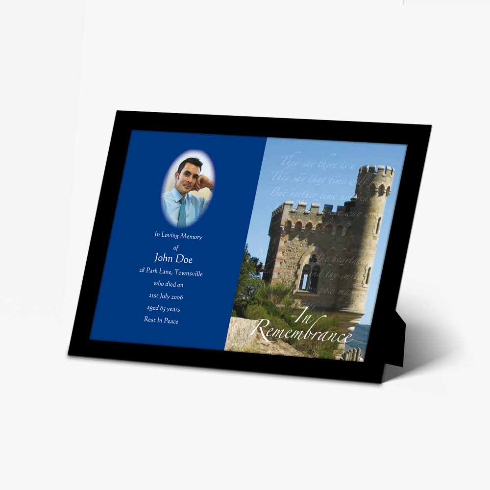 a photo frame with a castle and a photo of a man