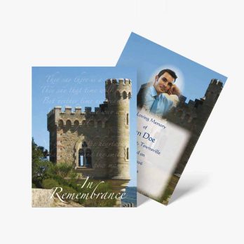 a wedding card with a castle in the background