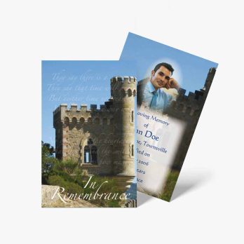 a memorial card with a photo of a man in front of a castle