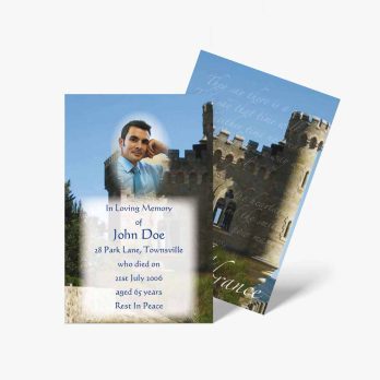 a funeral card with a photo of a man in a castle