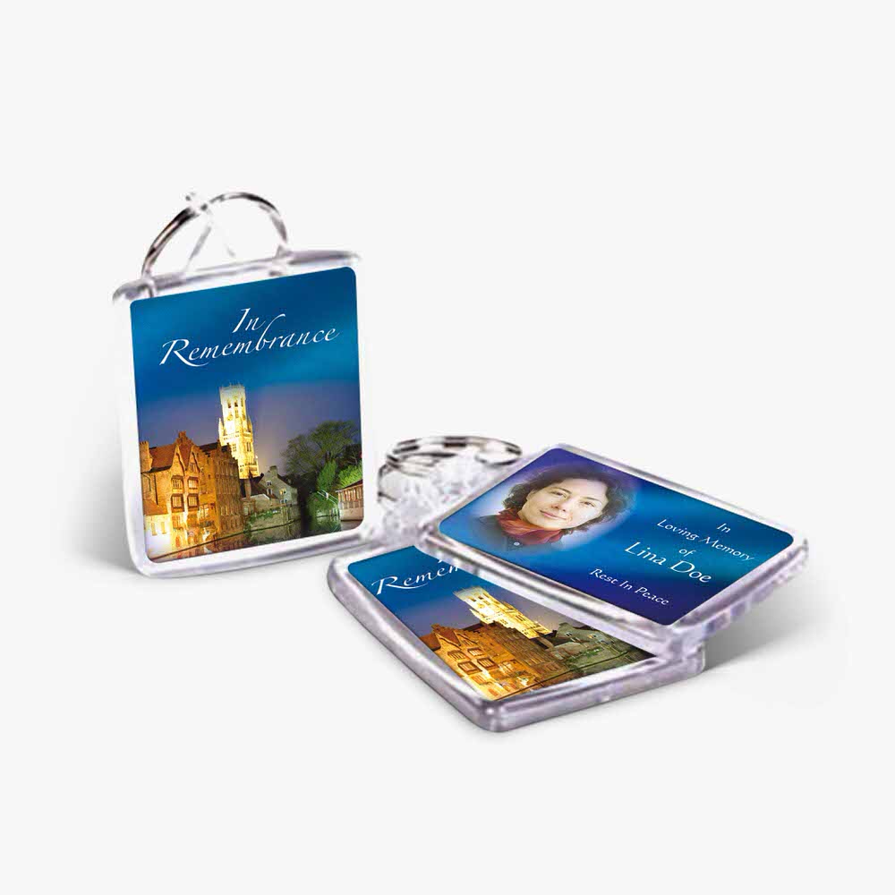 a photo keychain with a photo of a church and a keyring