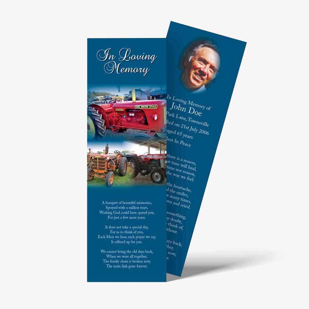 a bookmark with a photo of a tractor and a quote