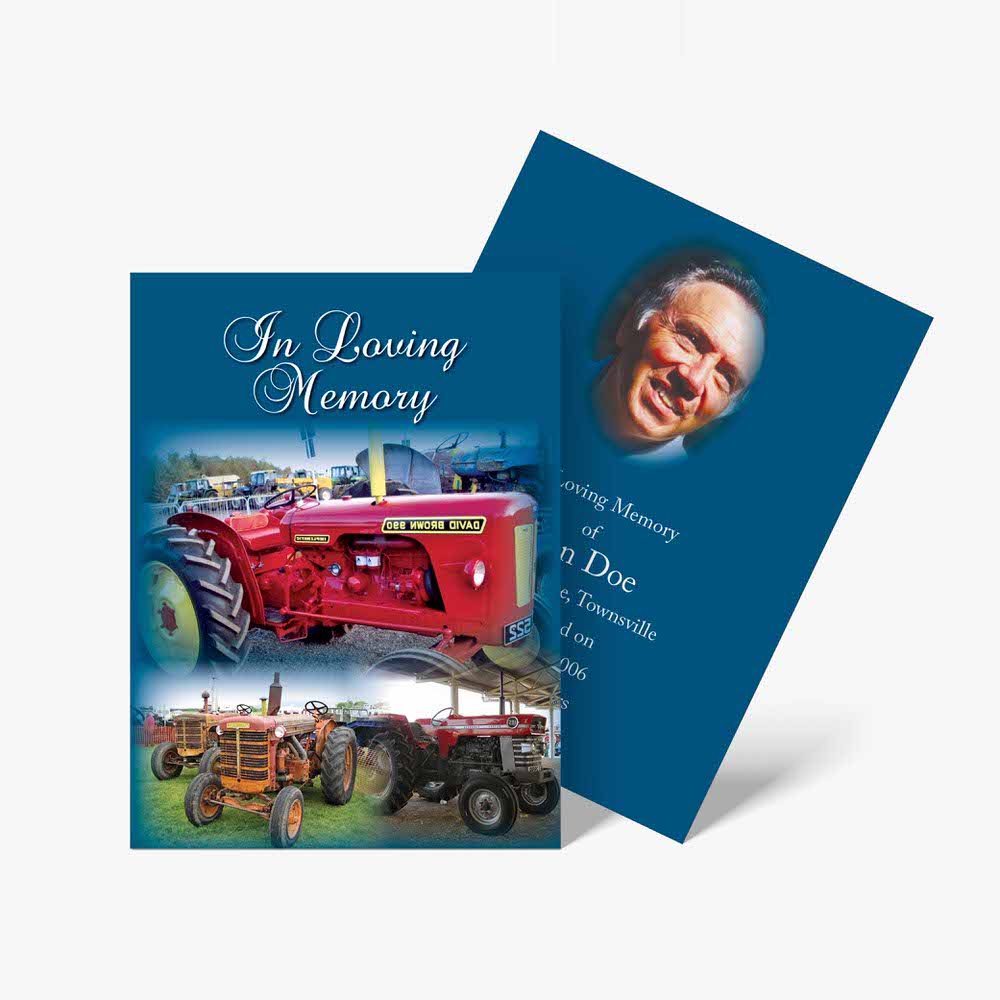 a funeral card with a tractor and a photo of a man