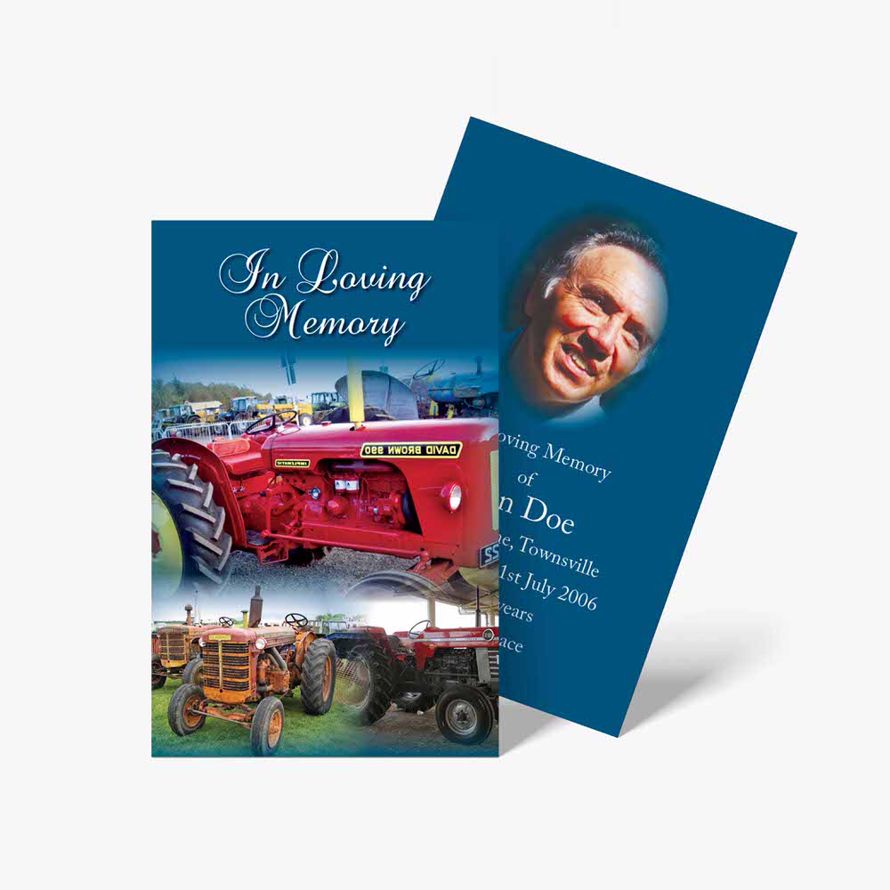 a funeral card with a tractor and a photo of a man