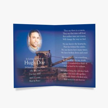 a blue funeral card with a photo of a man on a tractor