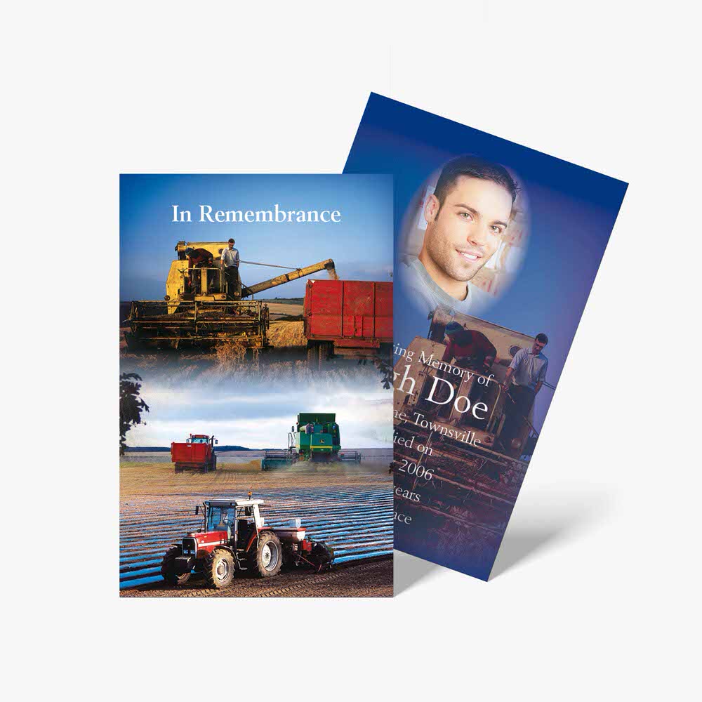 two cards with pictures of a tractor and a man