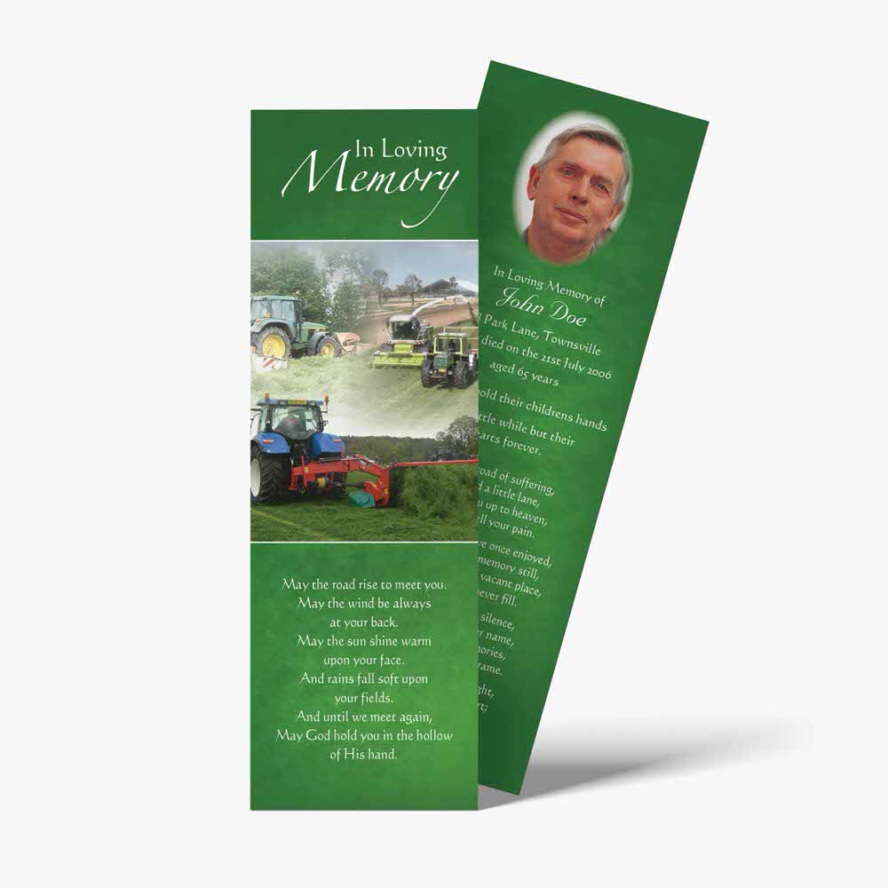 a green bookmark with a picture of a tractor
