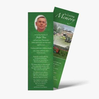 a green bookmark with a photo of a man in a field