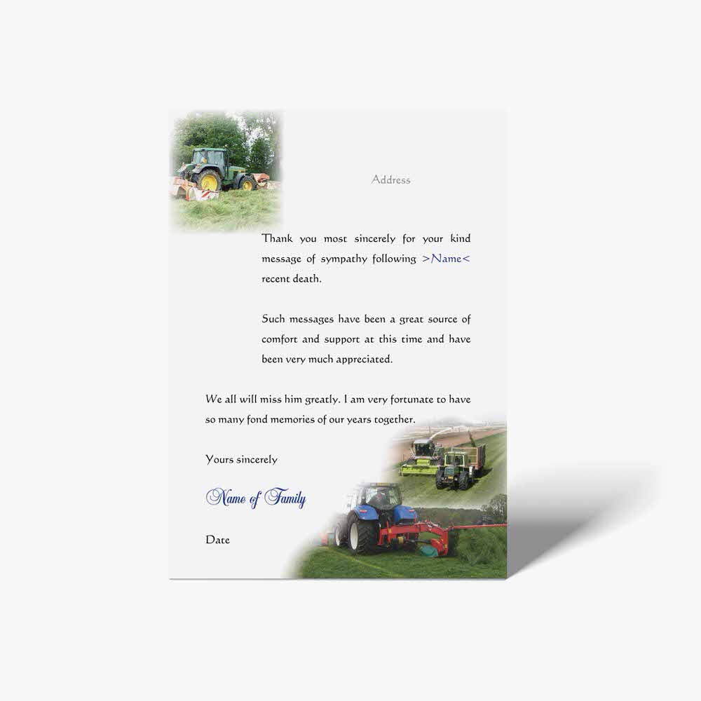 a thank card with a tractor and a tractor