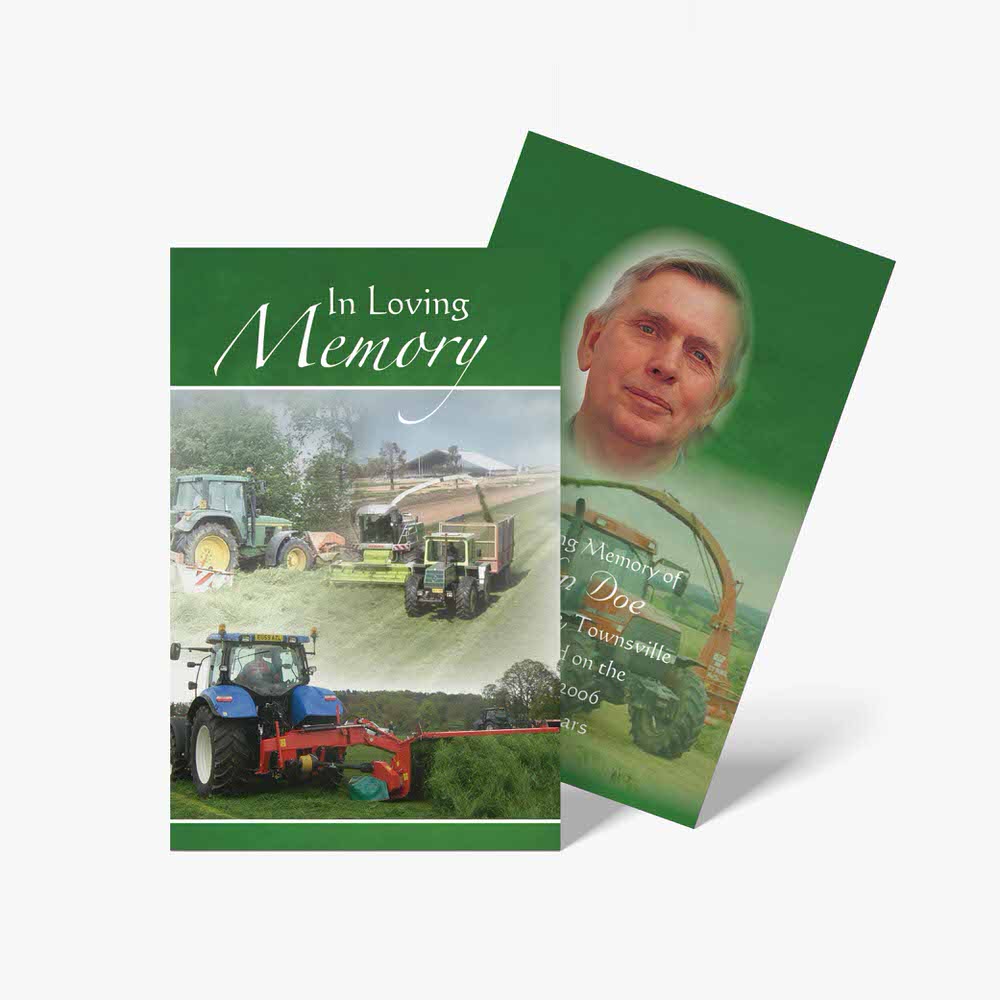 two green cards with pictures of a tractor and a tractor