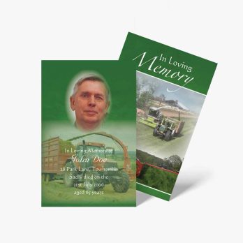 a green funeral card with a tractor on it