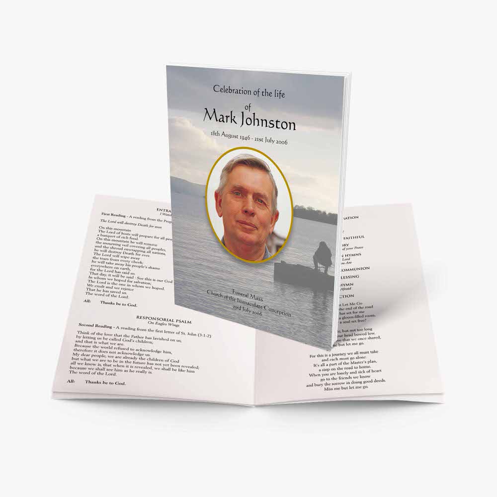 a funeral booklet template with a photo of a man on a boat