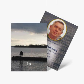 a funeral card with a photo of a man on a dock