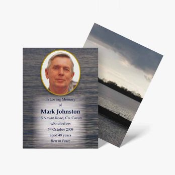 a memorial card with a photo of a man on the water