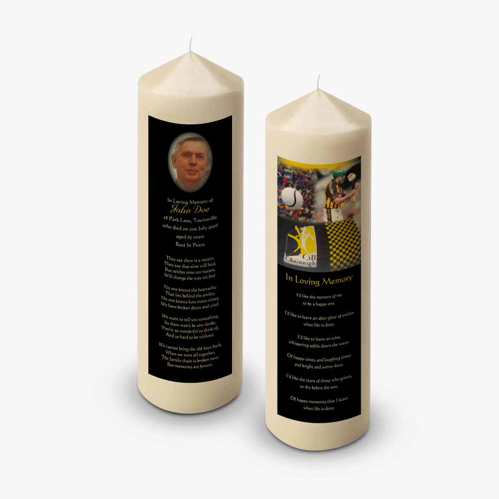 two candles with a picture of a man on them