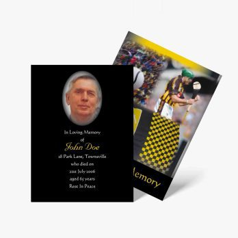 a funeral card with a photo of a man in a football uniform