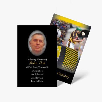 a funeral card with a photo of a man and a football team