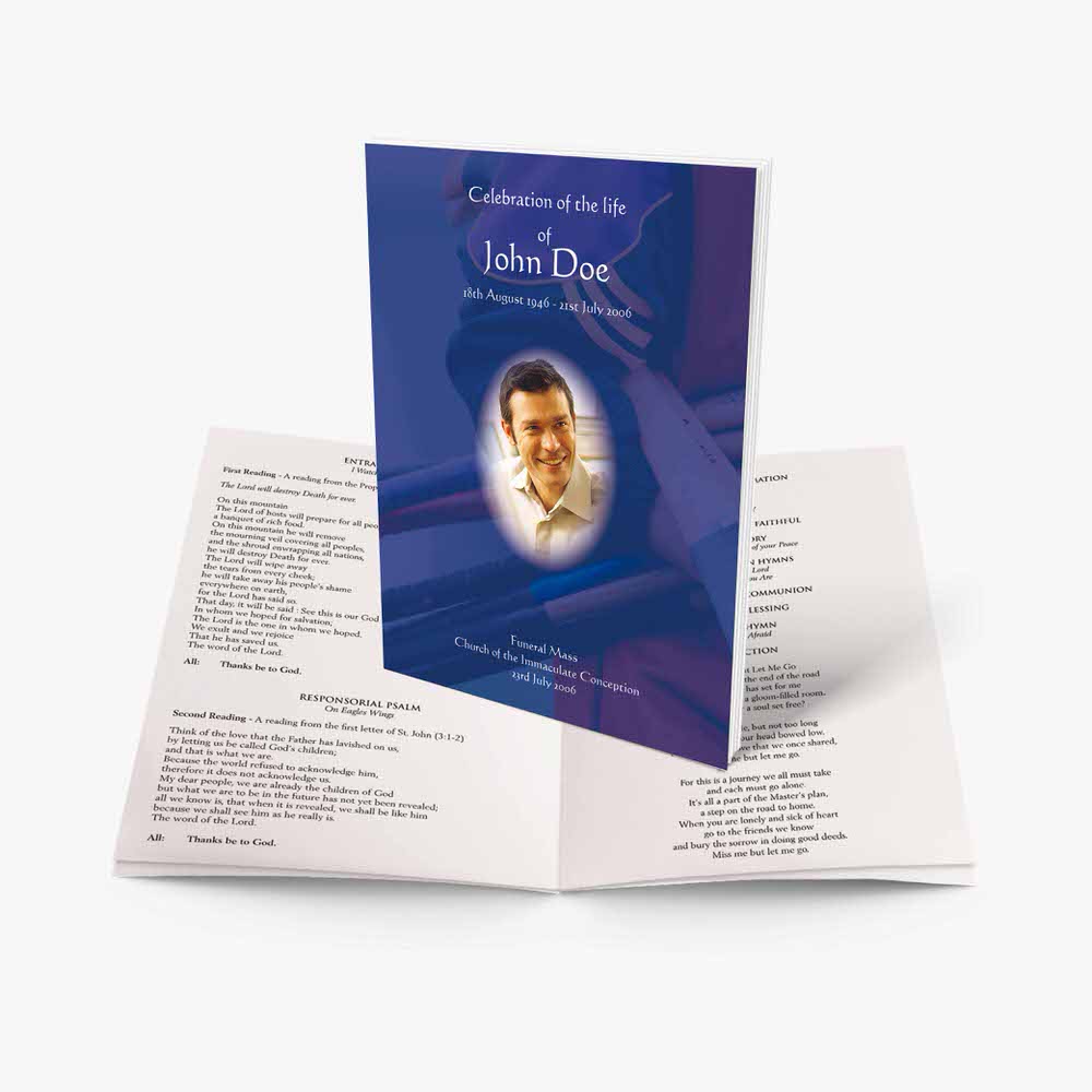 a blue funeral program template with a photo of a man