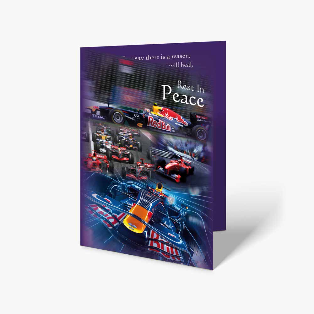 a greeting card with the words peace and red bull racing
