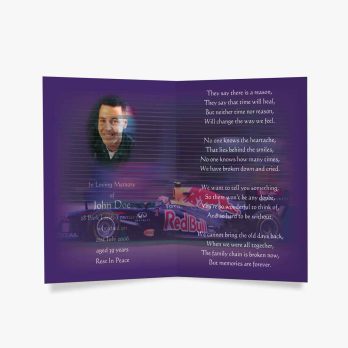 a card with a photo of a racing car and a poem about the driver