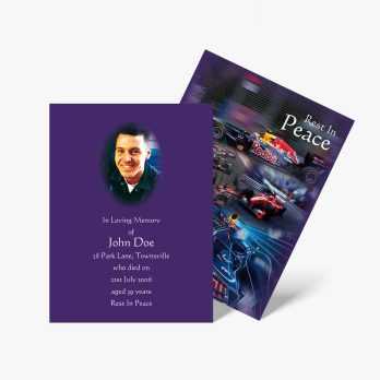 a funeral card with a photo of a man in a car