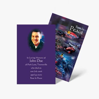 a funeral card with a picture of a man in a race car