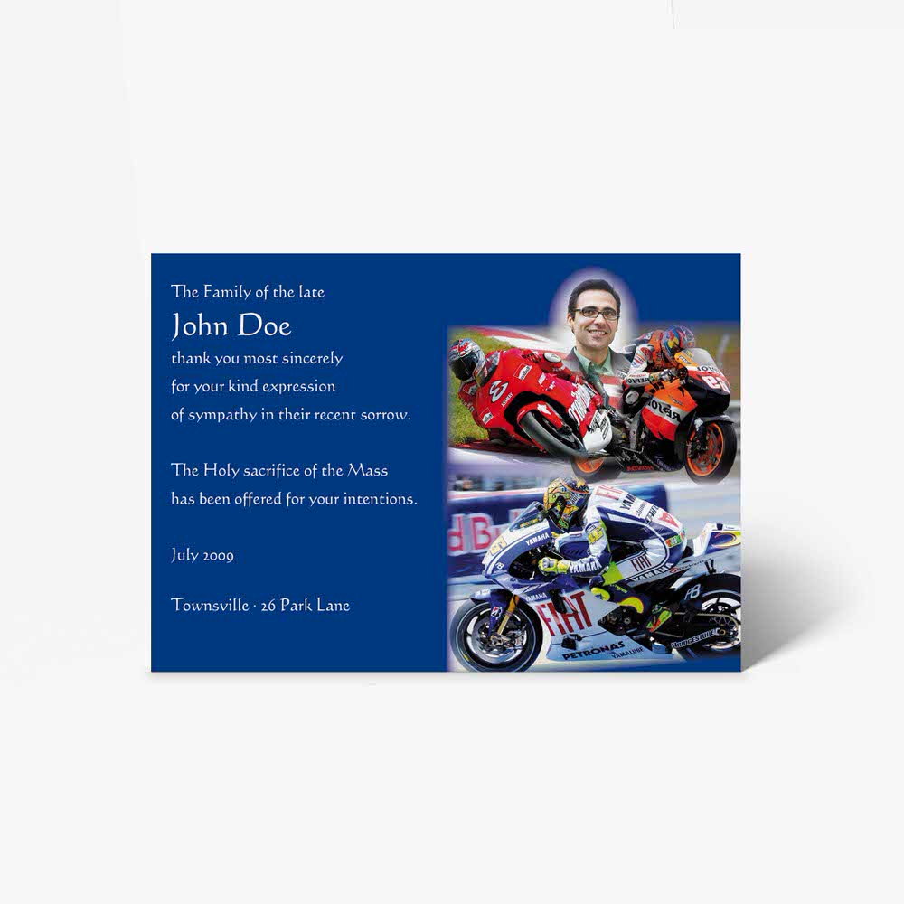 a motorcycle funeral card with a photo of a man and a woman