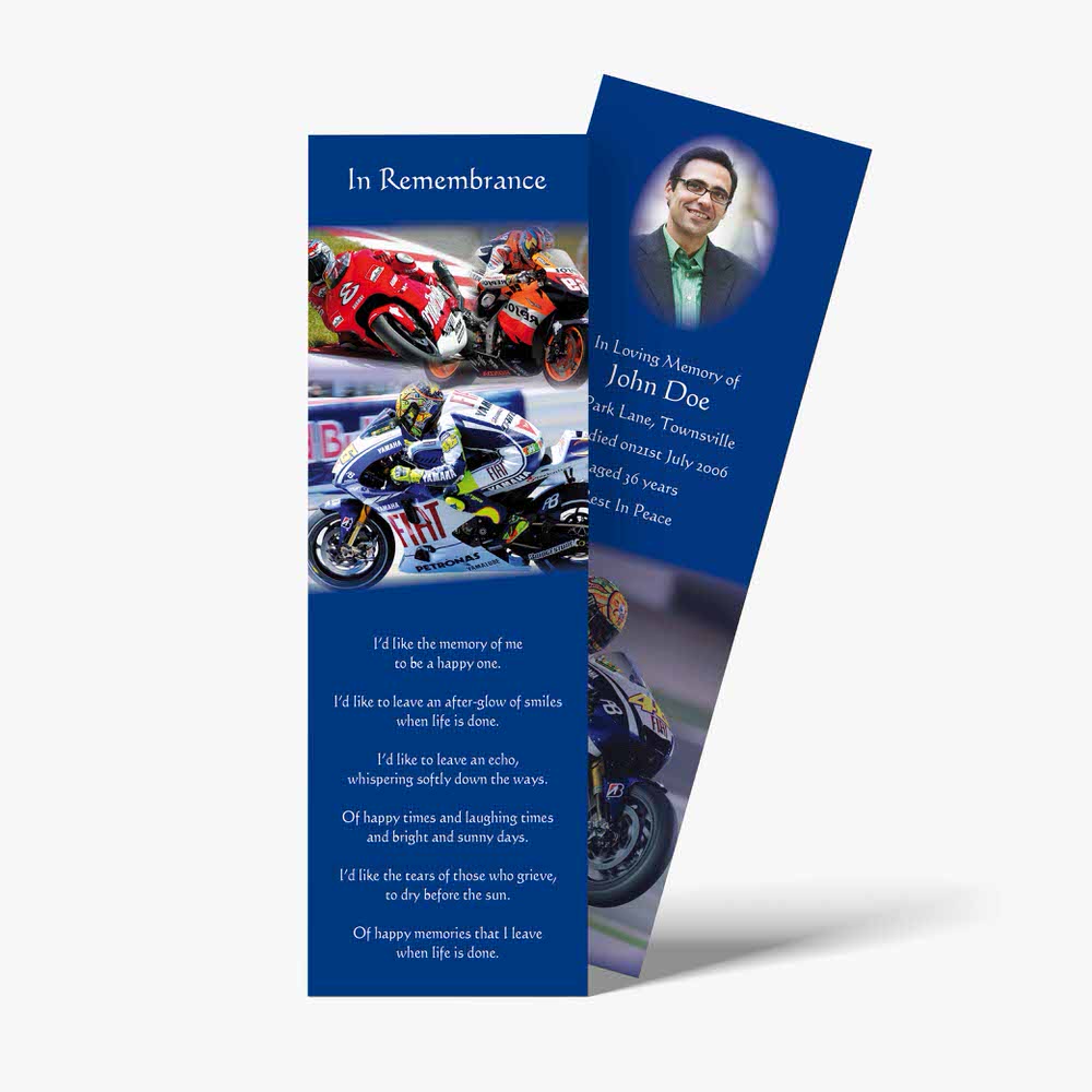 a bookmark with a picture of a motorcycle and a picture of a man