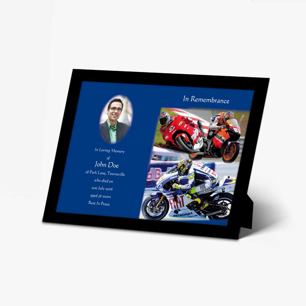 a framed photo of a motorcycle racer on a blue background