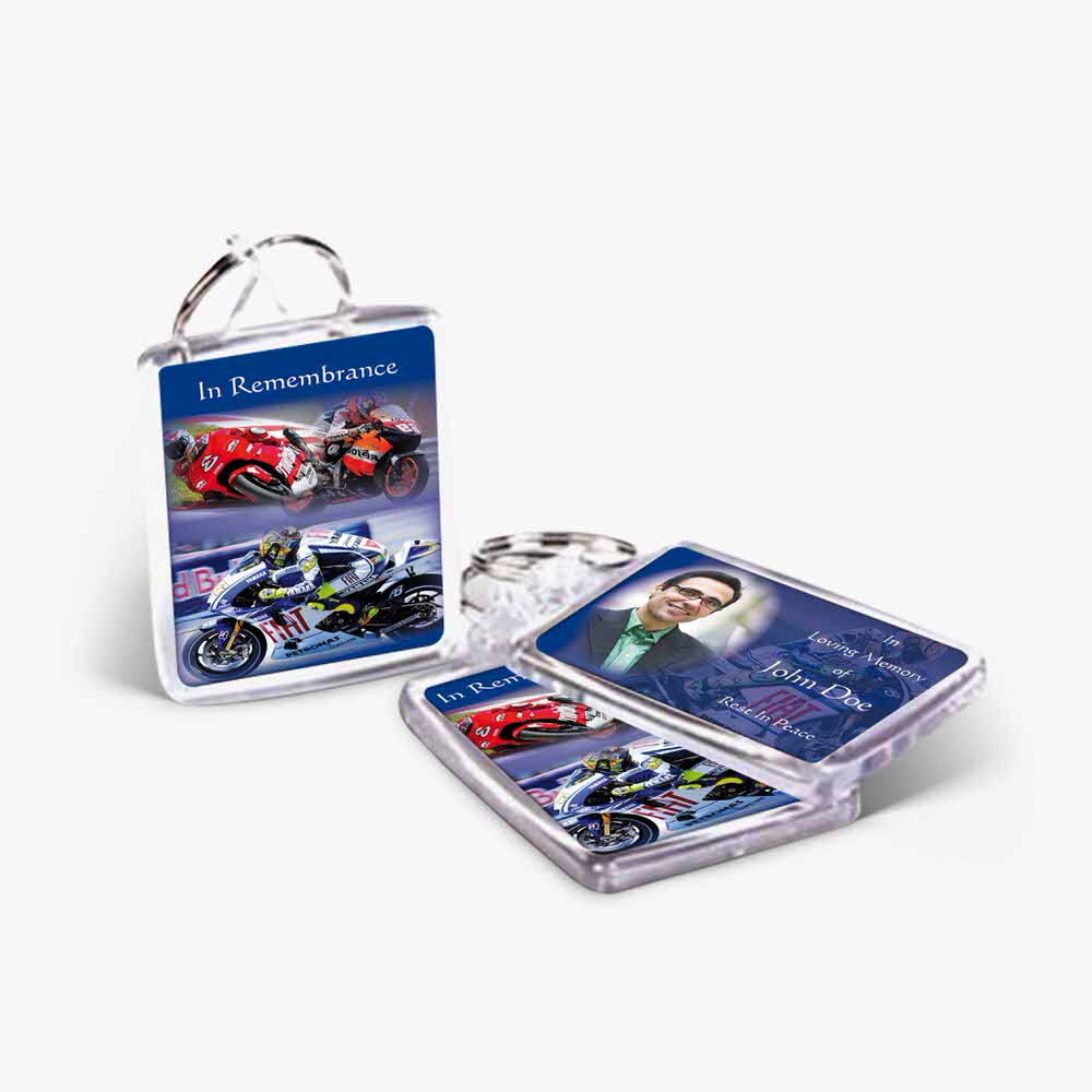 a motorcycle keychain with a picture of a motorcycle on it