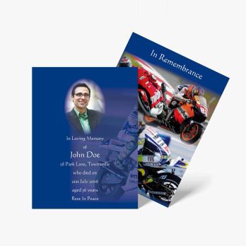 a funeral card with a photo of a motorcycle rider