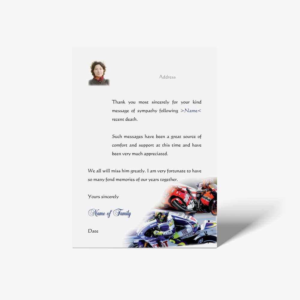 a thank card with a picture of a motorcycle
