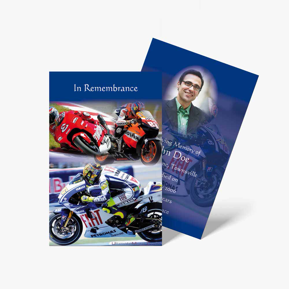 a blue booklet with a picture of a motorcycle and a picture of a man