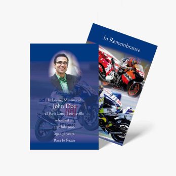 a funeral card with a picture of a motorcycle and a picture of a man