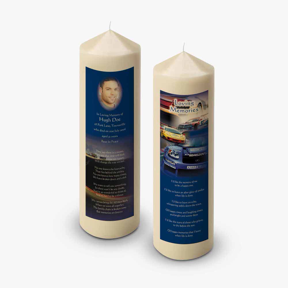 two candles with a picture of a car on them