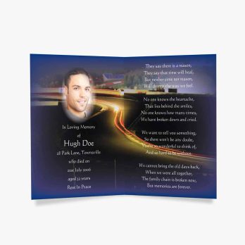 a blue funeral card with a photo of a man in a car