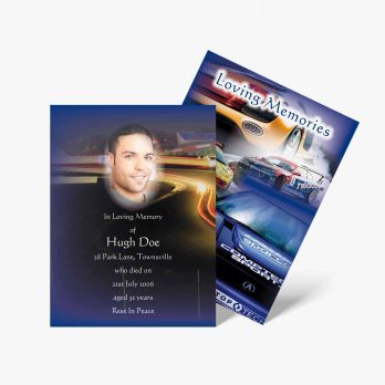 two cards with a photo of a car and a car racing track