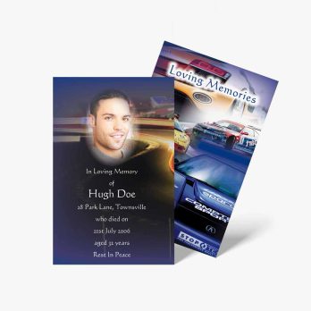 a funeral card with a photo of a man in a car