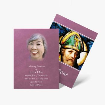 a purple card with an image of a woman in a church