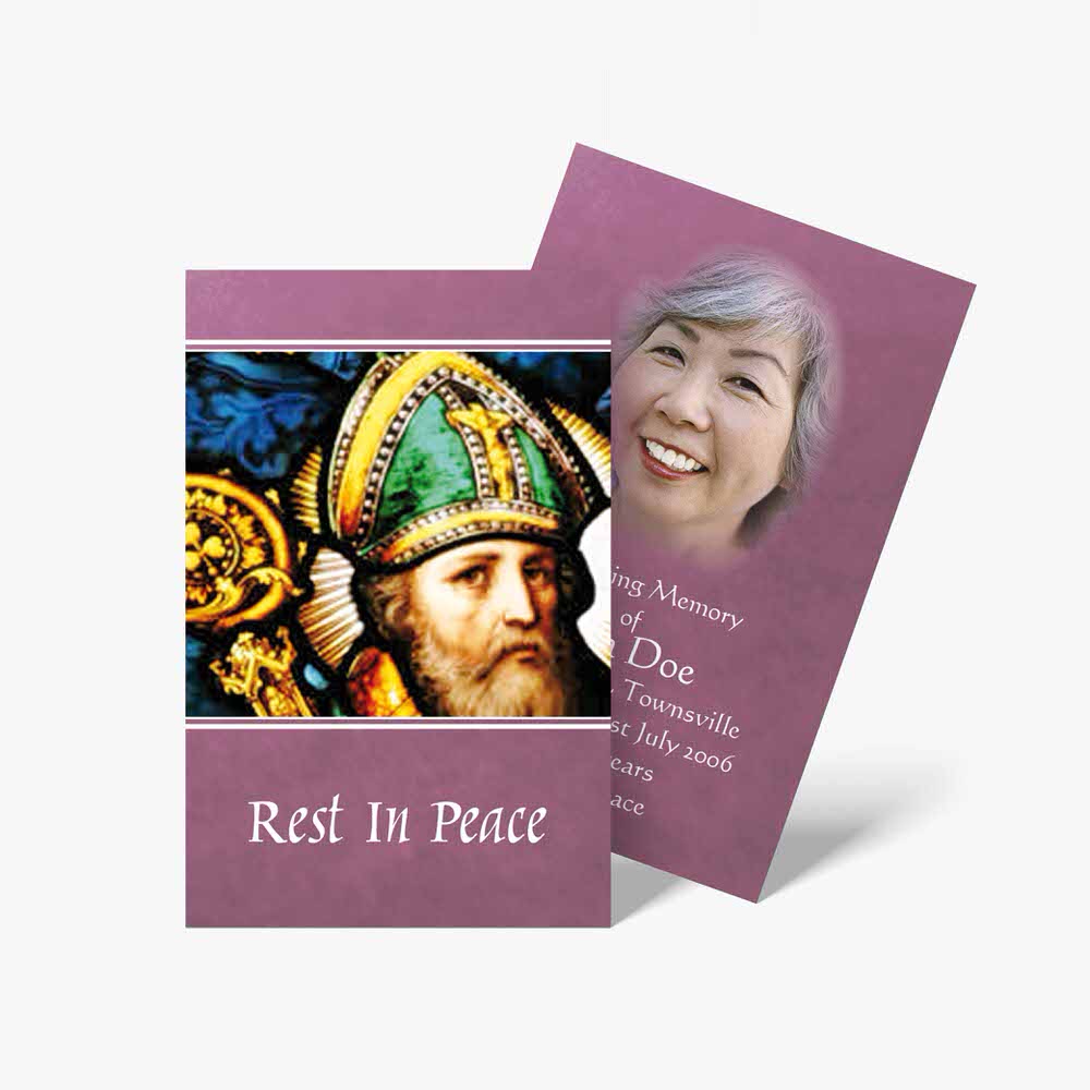a purple card with an image of st patrick