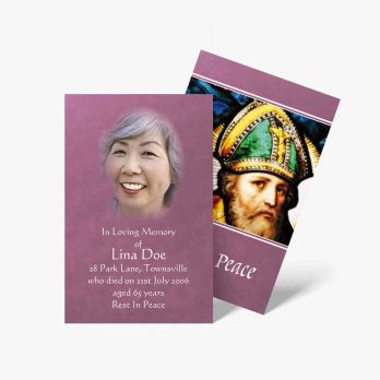 a purple card with an image of a woman in a church