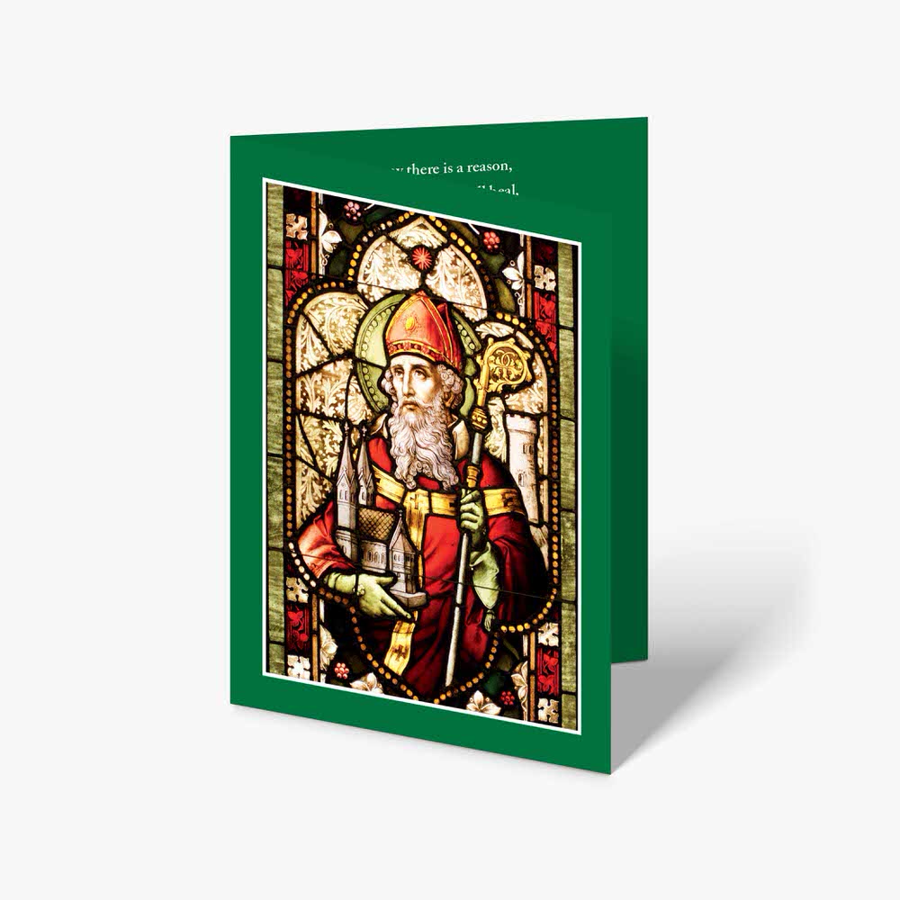 a green card with a stained glass image of st patrick