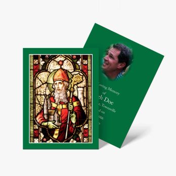 a green card with a stained glass image of st patrick