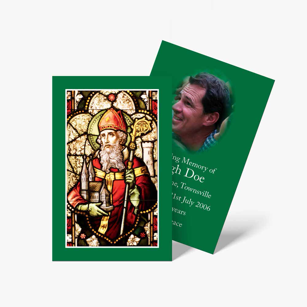 a green card with a picture of st patrick