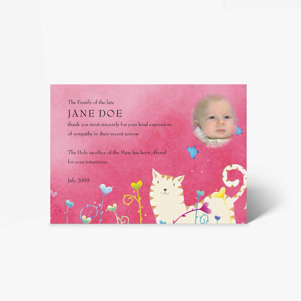 a pink baptism card with a cat and a baby