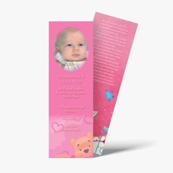 a pink bookmark with a baby's photo on it