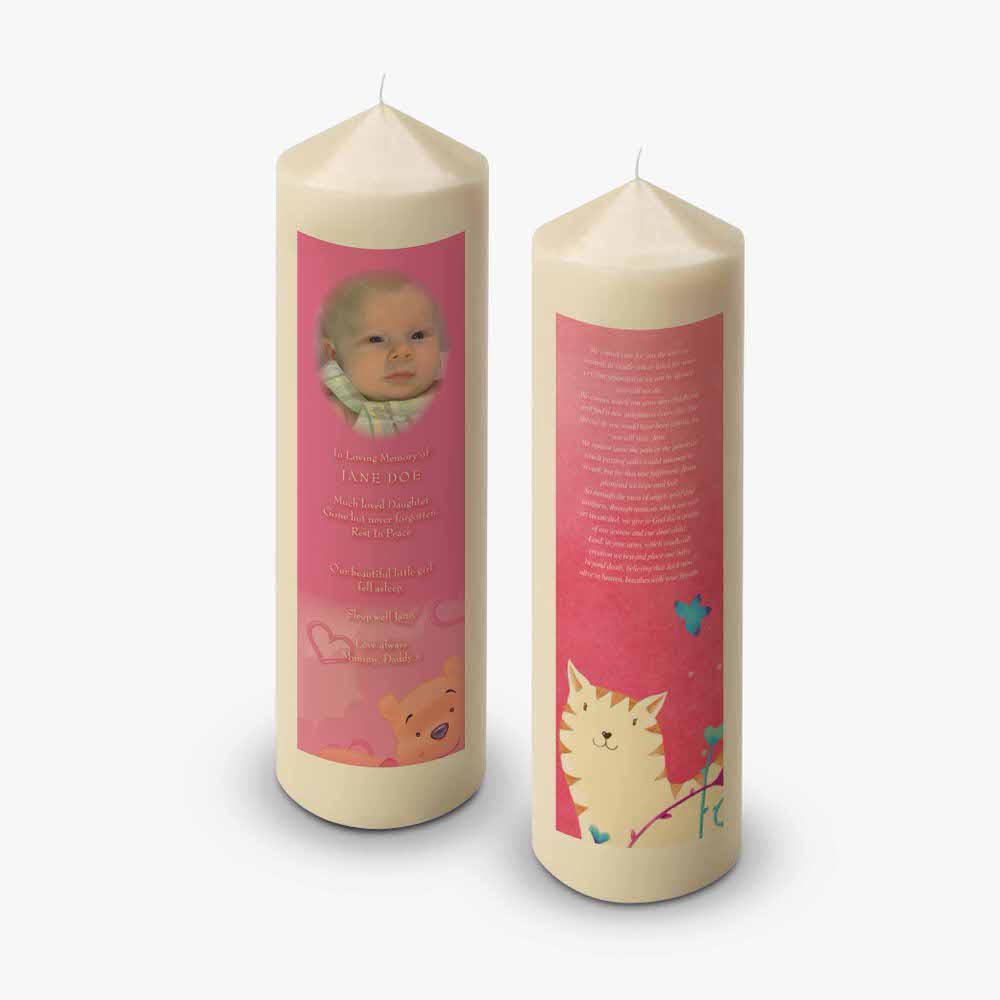 a candle with a photo of a baby and a cat