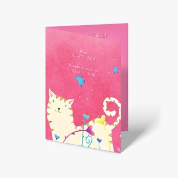 a pink greeting card with a cat and butterflies