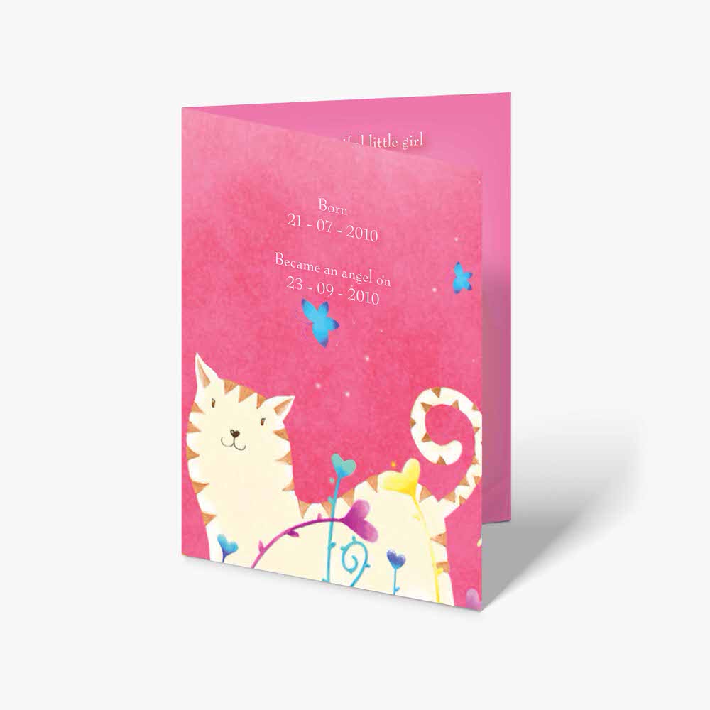 a pink greeting card with a cat and butterflies