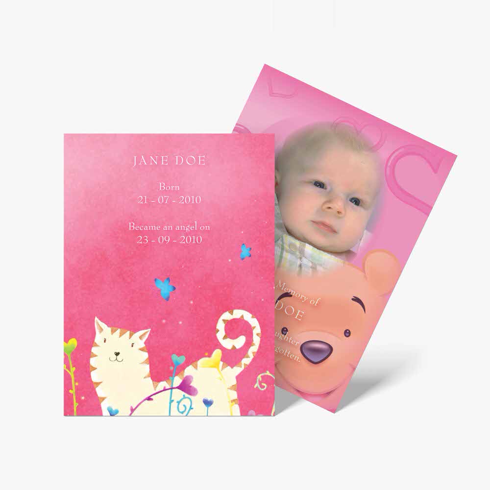 a baby's photo is on a pink card with a cat and a bear